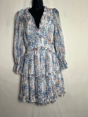 Floral Ruffled Tiered Mini Dress in Blue and Peach